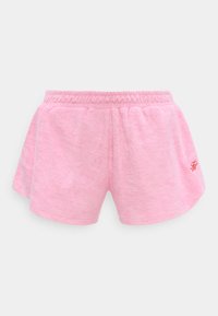 Pantaloni scurți din țesătură terry roz deschis, cu talie elastică și un mic logo roșu brodat pe partea stângă inferioară.