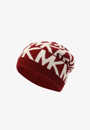 Rode gebreide beanie met witte geometrische patronen en logo. Zachte textuur met een slouchy ontwerp, voorzien van een geribbelde zoom voor een snug fit.