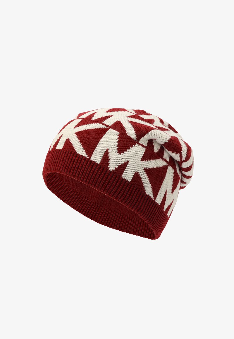 Rode gebreide beanie met witte geometrische patronen en logo. Zachte textuur met een slouchy ontwerp, voorzien van een geribbelde zoom voor een snug fit.