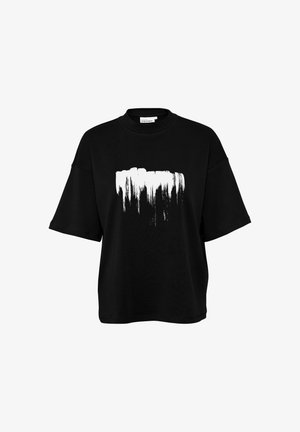 Schwarzes, übergroßes T-Shirt aus Baumwolle mit kurzen Ärmeln, das ein weißes Pinselstrich-Design auf der Vorderseite aufweist. Runder Ausschnitt, lässige Passform.