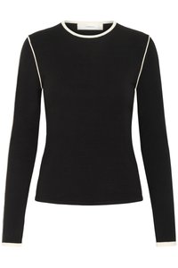 Must pikkade varrukatega pluus kreemja äärisega, ümar kaelus, keha järgiva lõikega, valmistatud pehmest venivast kangast, millel on kontrastsed küljeesemed.