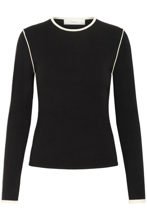 Black long-sleeve top with cream trim, round neck, fitted design, made from a soft stretch fabric, featuring contrasting side accents.