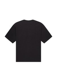 Camiseta negra de manga corta de algodón, con un cuello redondo clásico y una textura lisa y uniforme. Sin marcas ni estampados visibles.