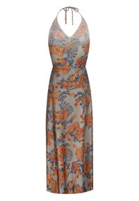 Robe maxi florale en gris clair avec des motifs orange et bleu, décolleté halter, taille cintrée et jupe fluide.