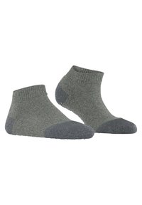 Chaussettes de cheville grises avec un poignet côtelé et un renfort au niveau des orteils et du talon en gris foncé. Le matériau présente une finition texturée avec des éclats multicolores.