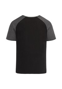 Black t-shirt with gray raglan sleeves, made from soft fabric. Short sleeves and round neck with a plain back design.