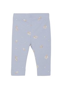 Ljust blå ribbade leggings med små blommönster i krämfärg och ljusbrunt. En elastisk midja ger komfort och lätt att bära.