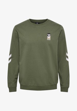 Green sweatshirt with long sleeves, ribbed hem, and crew neck. Features a logo patch on the front and white chevron stripes on sleeves.