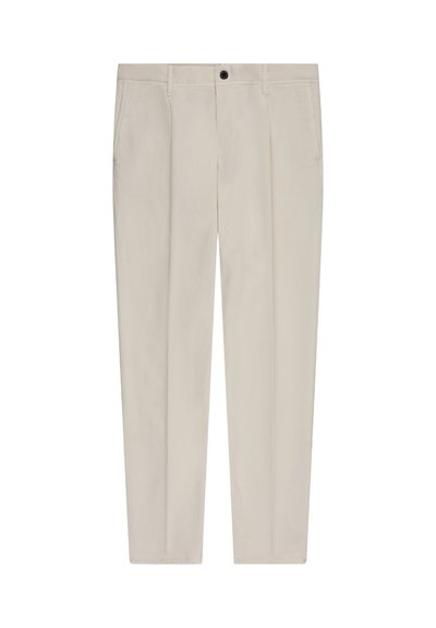 Beige straight-leg trousers with front button closure, belt loops, side pockets, and crease details along the legs.