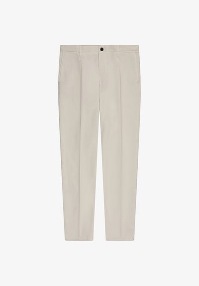 Beige straight-leg trousers with front button closure, belt loops, side pockets, and crease details along the legs.