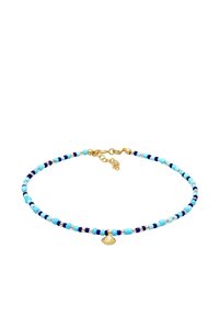 Kralenketting met afwisselende blauwe en turquoise kralen met gouden accenten en een kleine schelp hanger. Verstelbare gouden sluiting.
