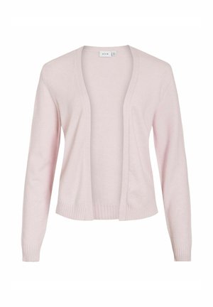 Lyserød cardigan lavet af blødt stof, med åben front, lange ærmer, ribstrikkede manchetter og kant. Glat tekstur uden lukninger.