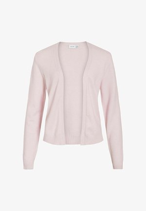 Light pink cardigan made from soft fabric, featuring an open front, long sleeves, ribbed cuffs, and hem. Smooth texture with no fastenings.
