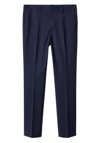 Pantalon de costume bleu marine ajusté avec un motif à carreaux subtil, plis sur le devant, poches latérales et passants de ceinture.