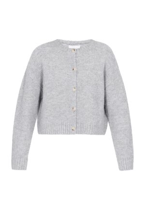 Pelēks apgriezts kardigāns ar struktūru, apaļu kakla izgriezumu, pogām priekšpusē, kā arī ribotām piedurkn�ēm un apakšmalu. Mīksts materiāls ar mājīgu izskatu.