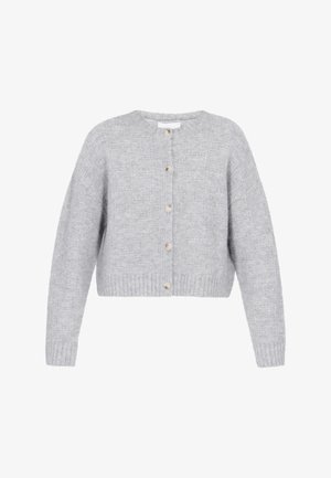 Gilet court gris en tricot texturé avec un col rond, des boutons sur le devant et des poignets et un ourlet côtelés. Matériau doux avec une apparence confortable.