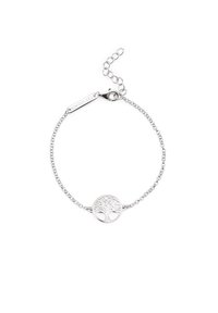 Pulsera de plata con un colgante de árbol de la vida. Presenta un diseño de eslabones, un cierre de langosta y una extensión de longitud ajustable.