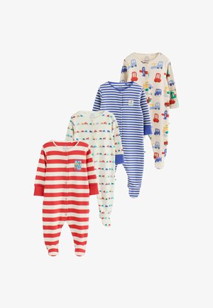 Quatre grenouillères pour bébé avec pieds, présentant des rayures rouges, des rayures bleues, de petits véhicules multicolores et de grandes voitures et camions multicolores.