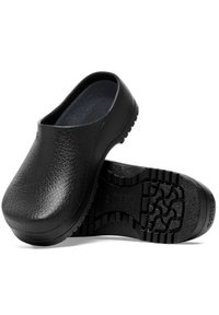 Black clogs made of textured material with a round toe and slip-on design. Outsole features a patterned tread for grip. Soft inner lining.