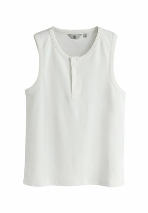 Biele bezrukávové rebrované pletené tričko s okrúhlym výstrihom a trojbodovým henley zapínaním vo veľkosti medium.