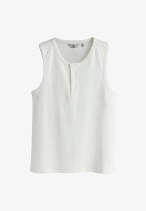 Biele bezrukávové rebrované pletené tričko s okrúhlym výstrihom a trojbodovým henley zapínaním vo veľkosti medium.