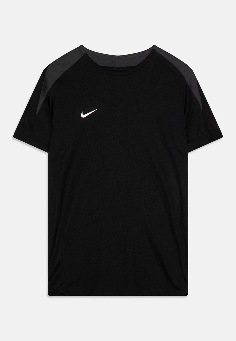 Czarna sportowa koszulka z krótkim rękawem, wykonana z teksturowanej tkaniny, z białym logo Nike na piersiach. Prosty i funkcjonalny design.