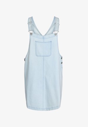 Vaaleansininen denimpinafore-mekko säädettävillä olkahihnoilla, etuosan rintataskulla ja sivuilla napillaan suljettavat aukot.