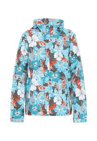 Farverig blomsterjakke med en lyseblå bund og store hvide, orange og grå blomster; designet med hætte og fuld frontlynlås.