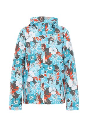 Farverig blomsterjakke med en lyseblå bund og store hvide, orange og grå blomster; designet med hætte og fuld frontlynlås.