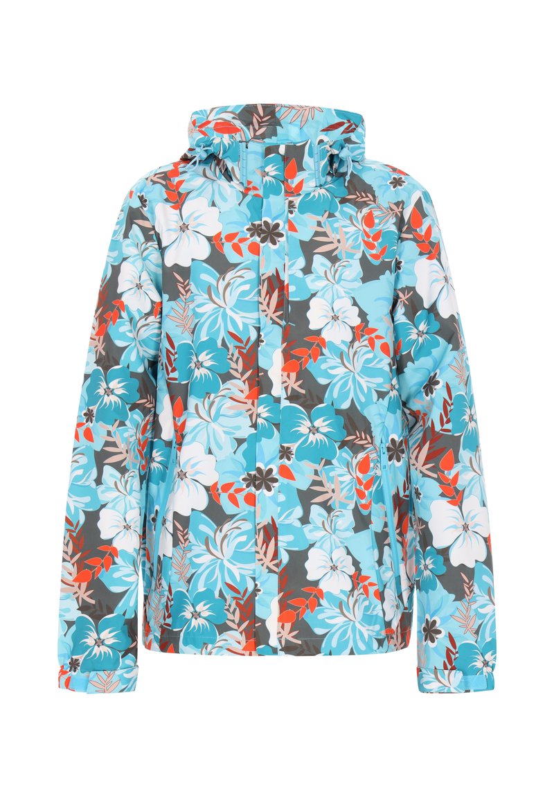 Farverig blomsterjakke med en lyseblå bund og store hvide, orange og grå blomster; designet med hætte og fuld frontlynlås.