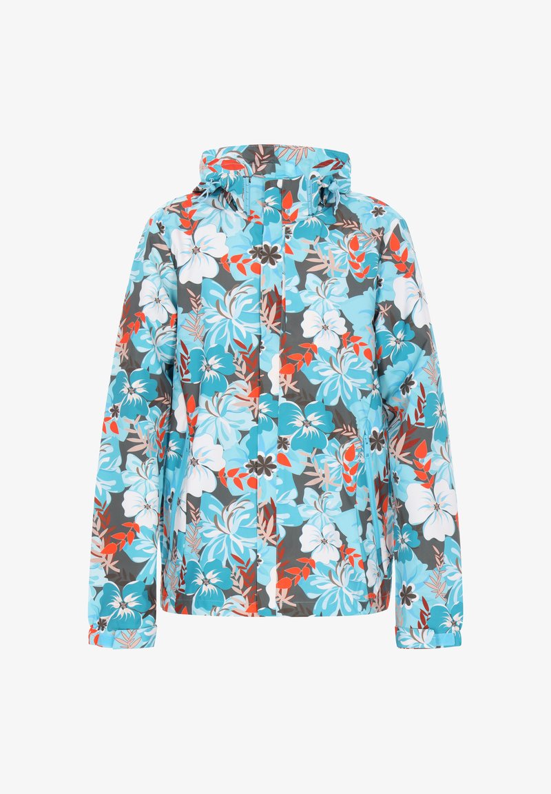 Farverig blomsterjakke med en lyseblå bund og store hvide, orange og grå blomster; designet med hætte og fuld frontlynlås.