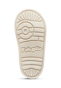 Krémová gumová podrážka boty s texturovanými vzory, kulatými detaily a s logem "Falcotto" vyraženým poblíž středu.