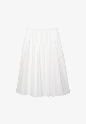 Fehér, térd középig érő szoknya, ráncos kialakítással. A könnyű viselet érdekében rugalmas derékrésszel készült. Könnyű pamut anyagból készült.