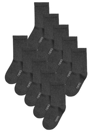 Calzini grigi scuri realizzati in un materiale morbido. Lunghezza alla caviglia con un polsino a costine. Presentano un logo bianco stampato su ciascun calzino. Confezionati in un set.
