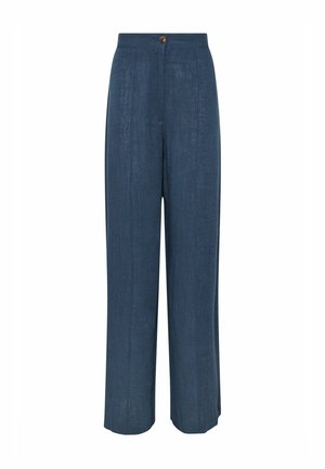 Pantalons à larges jambes en tissu bleu foncé avec une finition texturée, dotés d'une fermeture à bouton et de deux poches latérales.