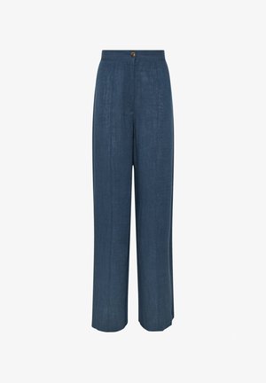 Pantalones de pierna ancha en tejido azul oscuro con un acabado texturizado, con cierre de botón y dos bolsillos laterales.