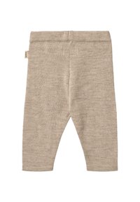 Beige Strickleggings mit einer weichen Textur, ausgestattet mit einem breiten Taillenbund und schmal zulaufenden Beinen. Einfaches Design, ohne erkennbare Muster oder Akzente.