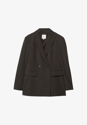 Blazer doppiopetto in marrone scuro, caratterizzato da sottili righe verticali, rever a lancia, due tasche frontali e bottoni neri. Texture liscia.
