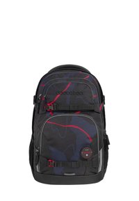 Backpack with black fabric featuring abstract dark blue and red patterns, multiple compartments, adjustable straps, and a round logo patch.