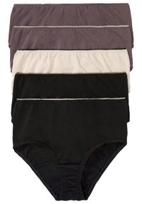 Quatre paires de culottes en coton pour femmes de couleur gris foncé, beige et noir. Chacune possède une taille élastique avec un bord décoratif en forme de vagues.