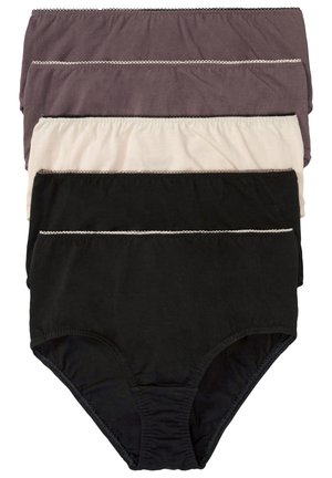 Quatre paires de culottes en coton pour femmes de couleur gris foncé, beige et noir. Chacune possède une taille élastique avec un bord décoratif en forme de vagues.