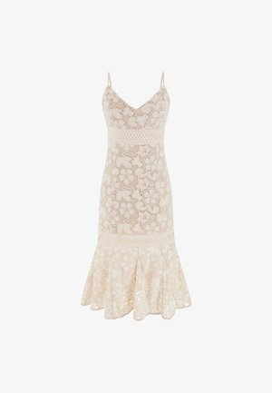 Een kanten jurk in crème, met verstelbare spaghettibandjes, een aansluitend lijfje, bloemenpatronen en een uitlopende zoom.