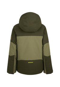 Olivgrüne Jacke mit Kapuze, ausgestattet mit einem farbblockierten Design in dunkleren und helleren Tönen, verstellbaren Bündchen und einem Logo am Saum.