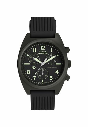 Fekete Timex Expedition kronográf óraszíjjal, három szubszámlappal, fluoreszkáló mutatókkal és fekete texturált szilikon szíjjal.