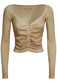 Beige Langarmoberteil mit V-Ausschnitt, geripptem Material, Knopfleiste und Raffung an den Seiten. Logo im Halsbereich angebracht.