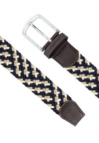 Tkaniny elastyczny pasek z naprzemiennie rozmieszczonymi wzorami w granatowym i kremowym kolorze, z ciemnobrązową skórzaną pętlą i srebrną metalową klamrą.