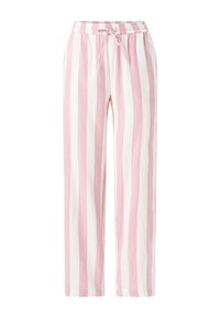 Pantalon en lin rayé rose et blanc avec une taille élastique, un cordon de serrage et une coupe ample à jambes droites. Texture douce, design décontracté.
