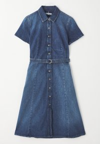 Denim shirt dress in dark blue, short sleeves, button-down front, collar, cinched waist with a belt, flowing A-line skirt.
