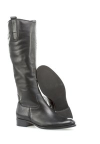 Black leather knee-high boots featuring a smooth finish, a rounded toe, and a low block heel. Includes a side zipper for easy wear.