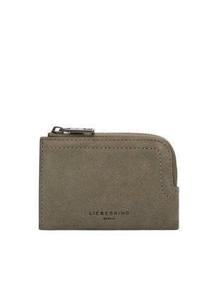 Kleine beige Wildleder-Geldbörse mit Reißverschluss oben und dem geprägten Liebeskind Berlin-Logo mittig auf der Vorderseite.